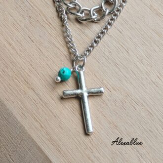 ターコイズ クロス2連ネックレス 12月誕生石 ユニセックスアクセサリー