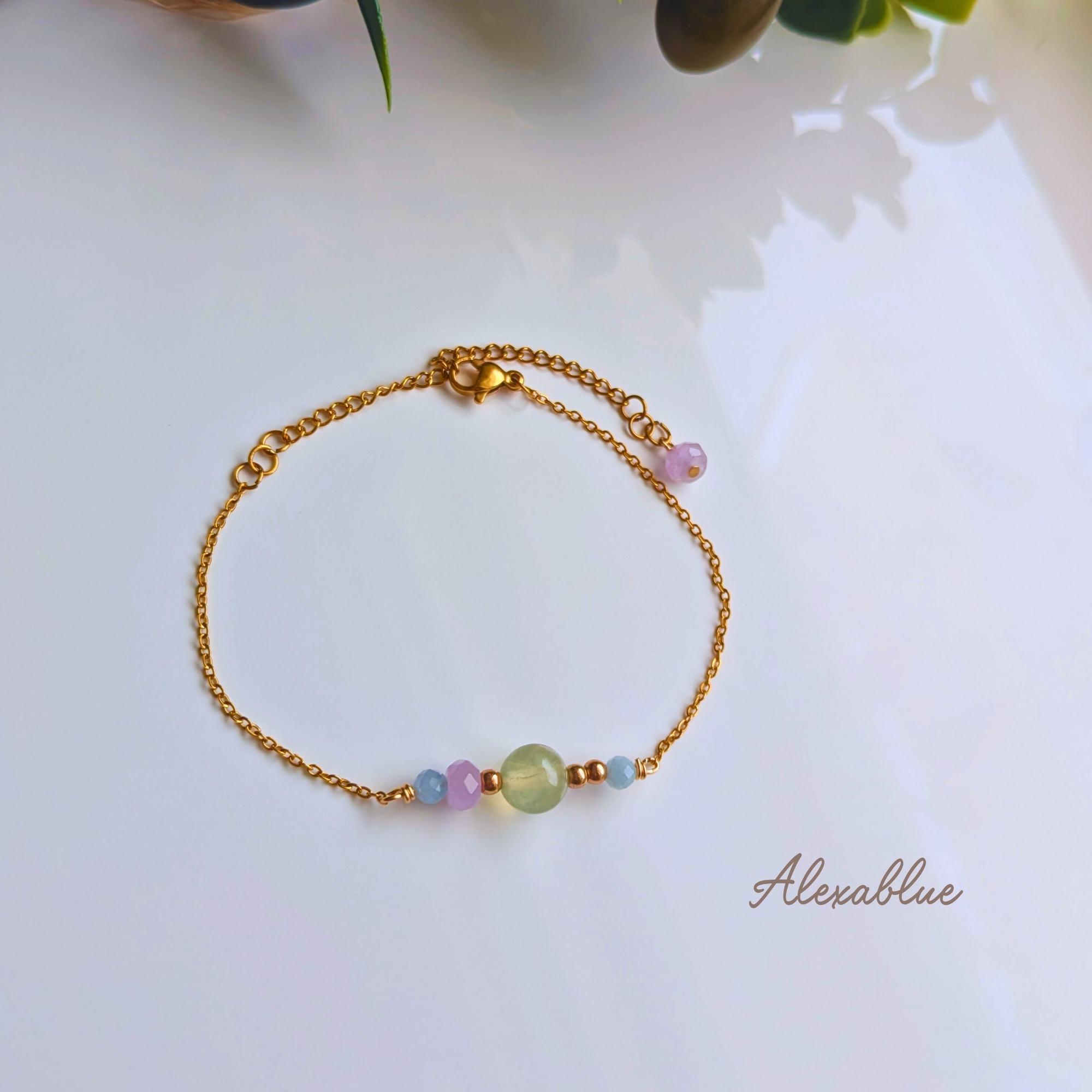 2Way 天然石 ブレスレット＆アンクレット｜ラベンダーアメジスト・アクアマリン・プレナイト｜大人可愛い 癒しの天然石ジュエリー サージカルステンレス 金属アレルギー対応