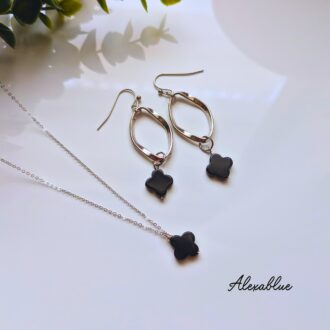 クローバーオニキス ピアス&ネックレスセット S925×サージカルステンレス 大人女子アクセサリー 金属アレルギー対応