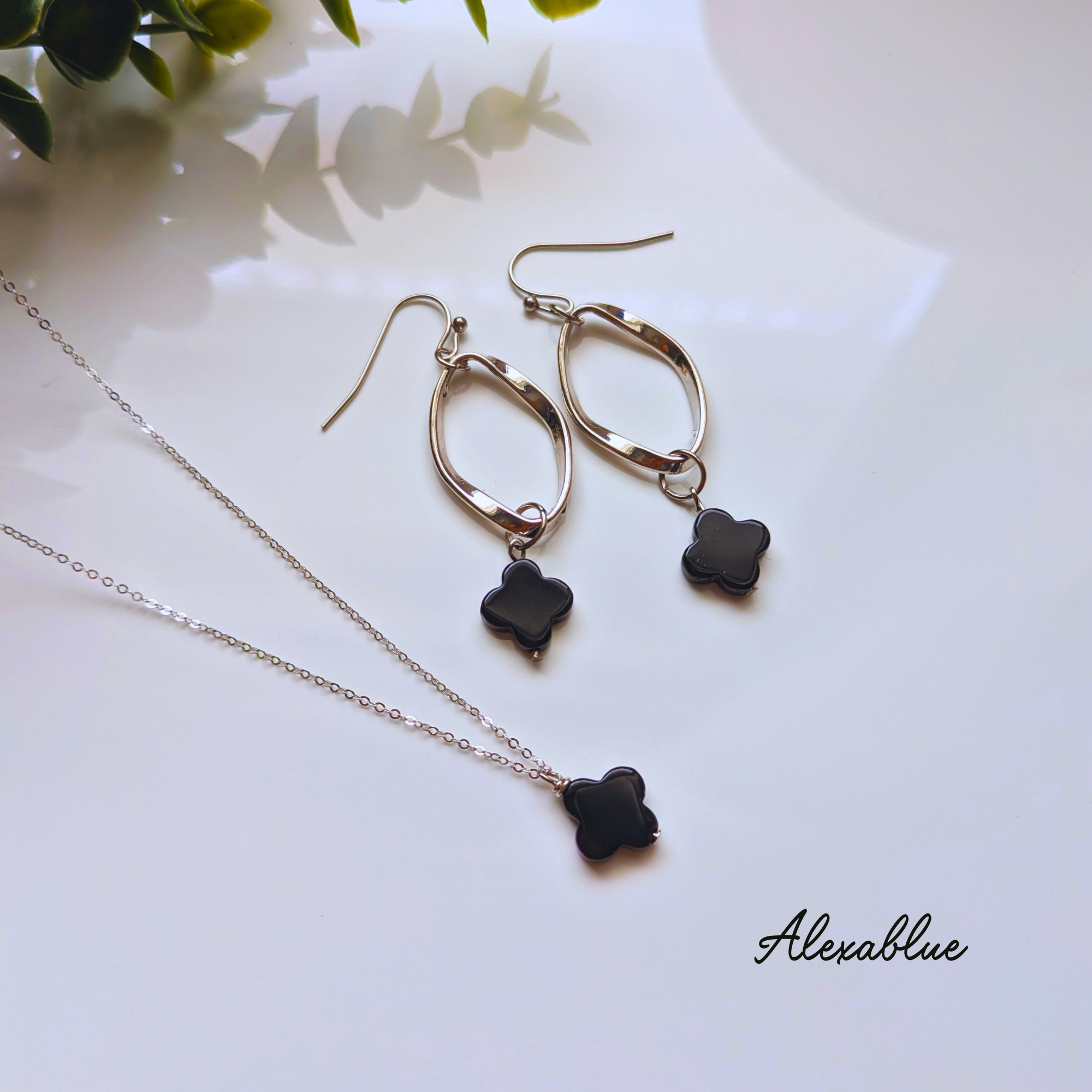 クローバーオニキス ピアス＆ネックレスセット S925×サージカルステンレス 大人女子アクセサリー 金属アレルギー対応