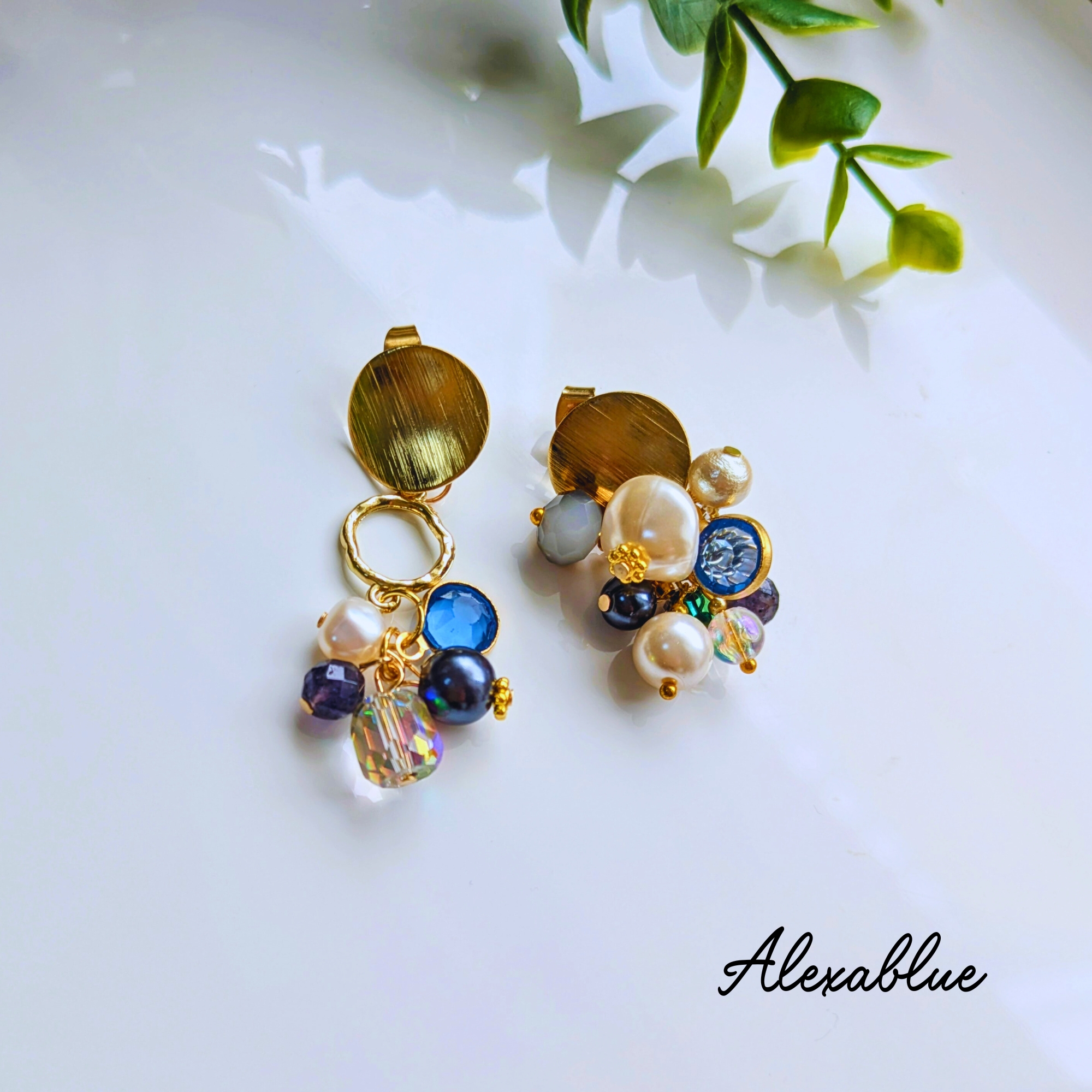 アイオライトたっぷりビジュー アシンメトリーピアス Alexablueオリジナル 結婚式・パーティー・ディナーに映えるアクセサリー