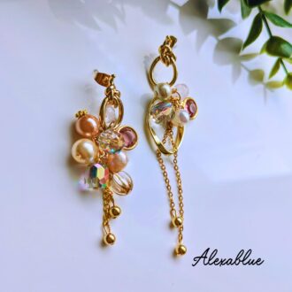 Blooming Rose|ローズクォーツ × パール × ビーズ|アシンメトリーピアス シルバー925ポスト
