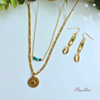 ターコイズ ステンレス ネックレス＆ピアスセット レディース 天然石 ジュエリー 大人カジュアル シンプル おしゃれ 金属アレルギー対応
