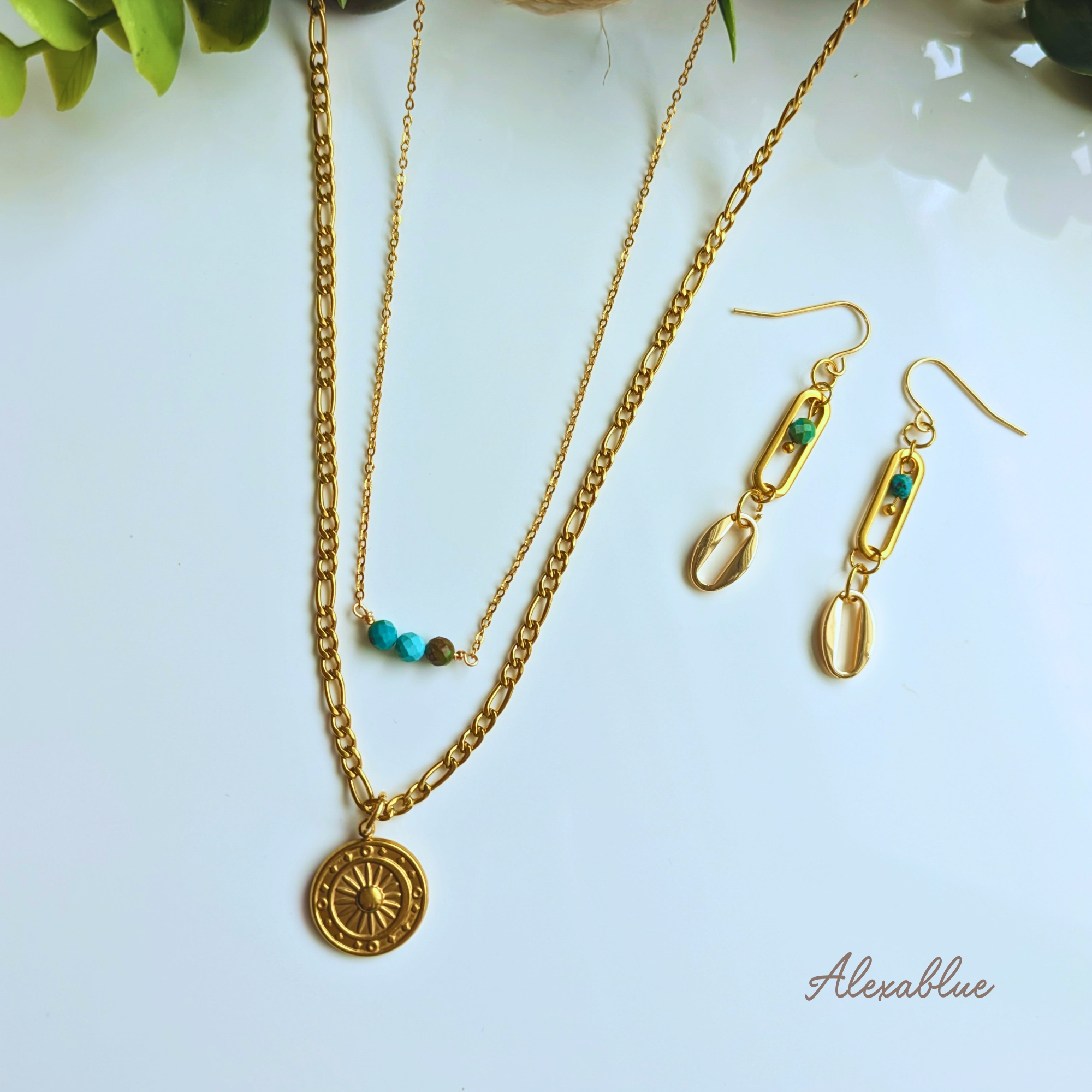ターコイズ ステンレス ネックレス＆ピアスセット レディース 天然石 ジュエリー 大人カジュアル シンプル おしゃれ 金属アレルギー対応
