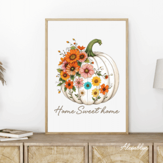 Home sweet home 秋のフラワー＆パンプキン ポスター｜おしゃれ 北欧風 インテリアアート A4 壁掛け ウォールデコ