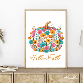 Hello Fall 秋のカラフルパンプキン ポスター｜おしゃれ 北欧風 インテリアアート A4 壁掛け ウォールデコ