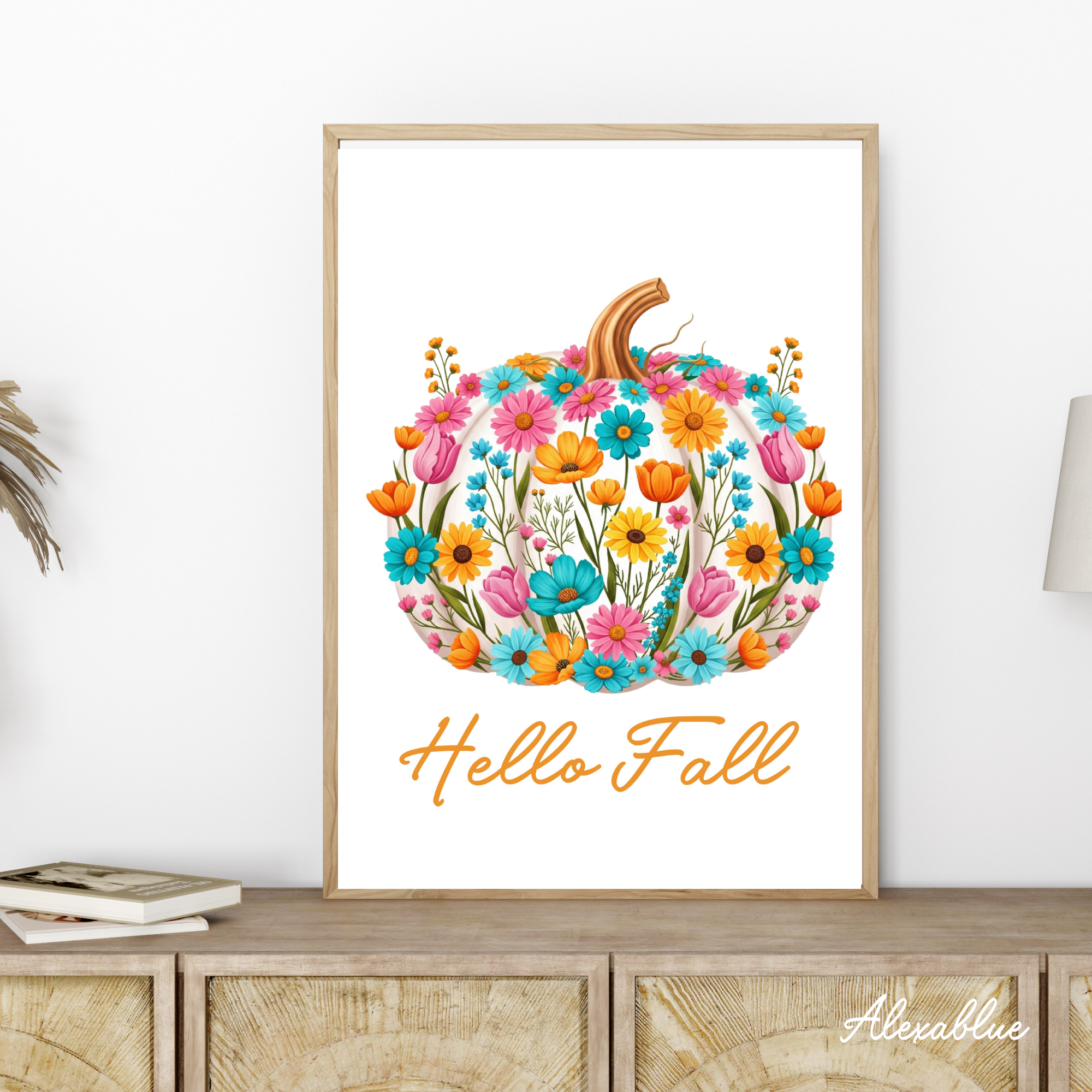 Hello Fall 秋のカラフルパンプキン ポスター｜おしゃれ 北欧風 インテリアアート A4 壁掛け ウォールデコ