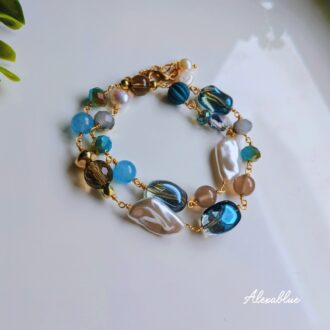 Blue Serenity|ブルージェード × グレーオニキス 2連ブレスレット|天然石 パワーストーン  レディース  ボリュームデザイン パーティにもおすすめ