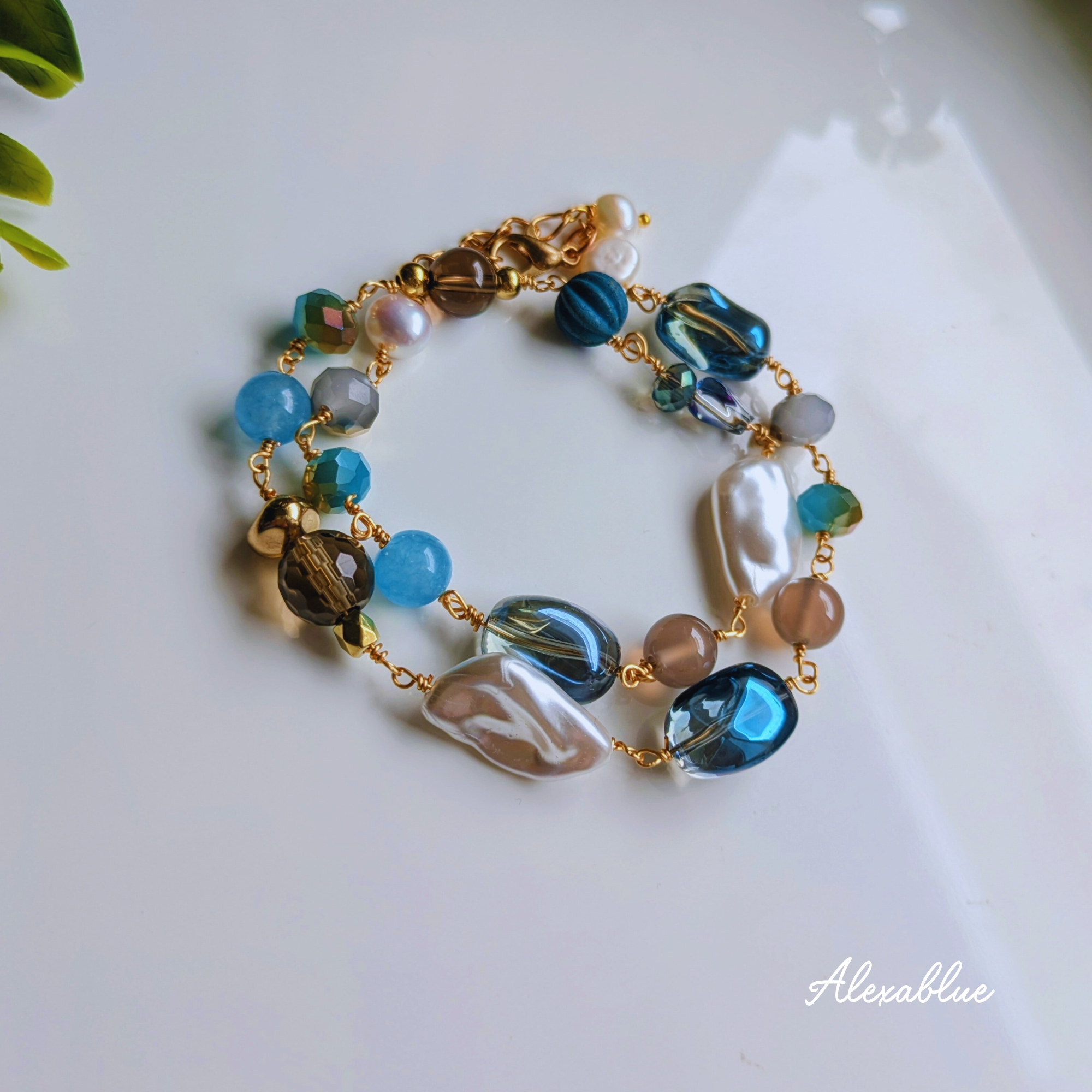 Blue Serenity｜ブルージェード × グレーオニキス 2連ブレスレット｜天然石 パワーストーン  レディース  ボリュームデザイン パーティにもおすすめ