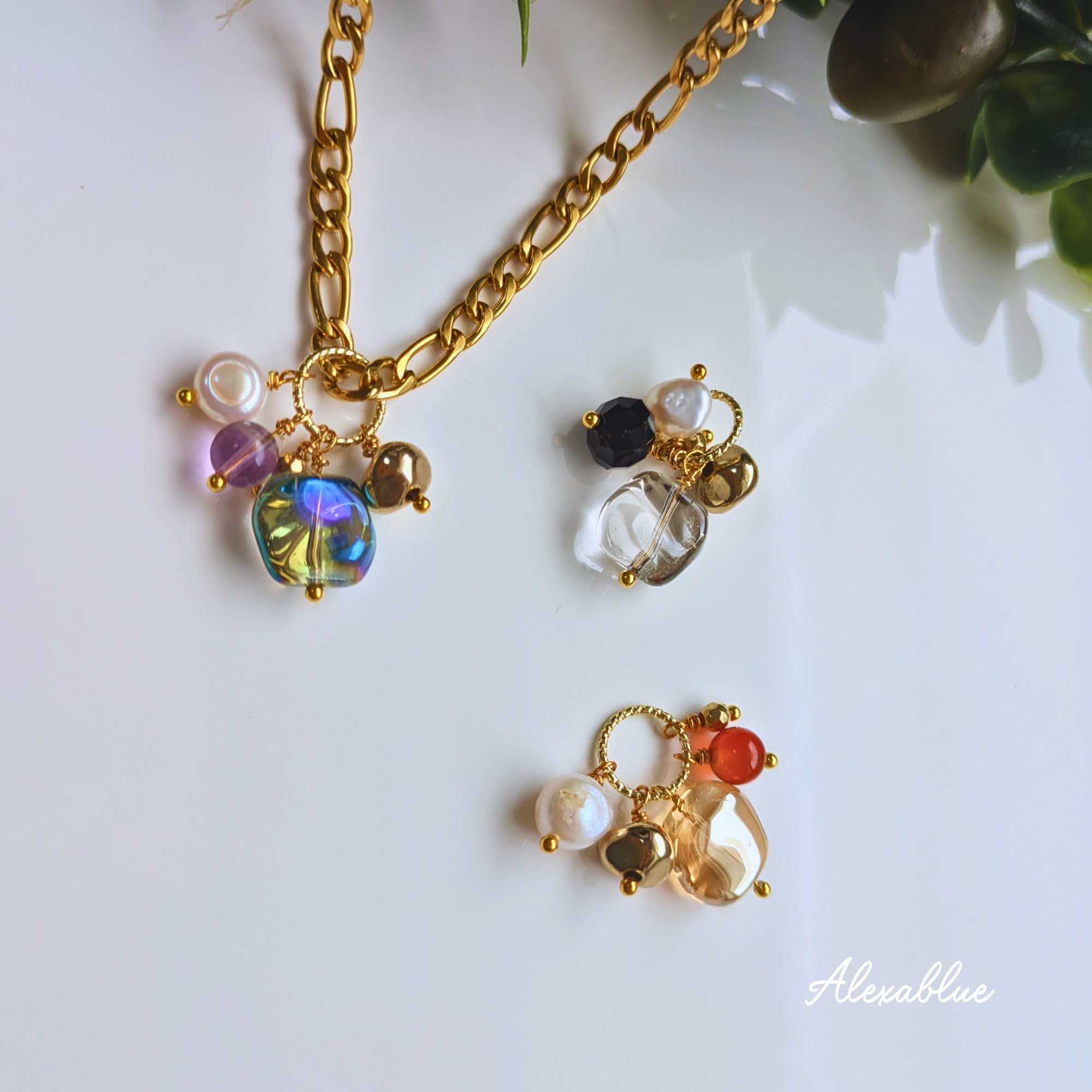 4WAYステンレスロングチェーンネックレス｜2連にもなる選べる天然石チャーム付き（オニキス / カーネリアン / フローライト）｜アレルギー対応・大人カジュアルジュエリー