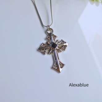 オニキス × ロングクロスネックレス|ユニセックス ステンレス製 シンプル メンズ レディース ギフトにもおすすめ