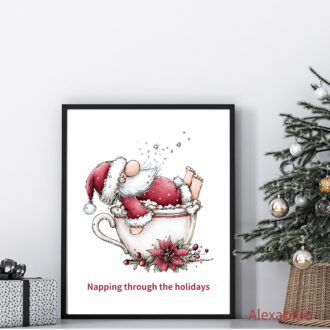 Napping Through the Holidays｜コーヒーカップでお昼寝サンタ イラストポスター