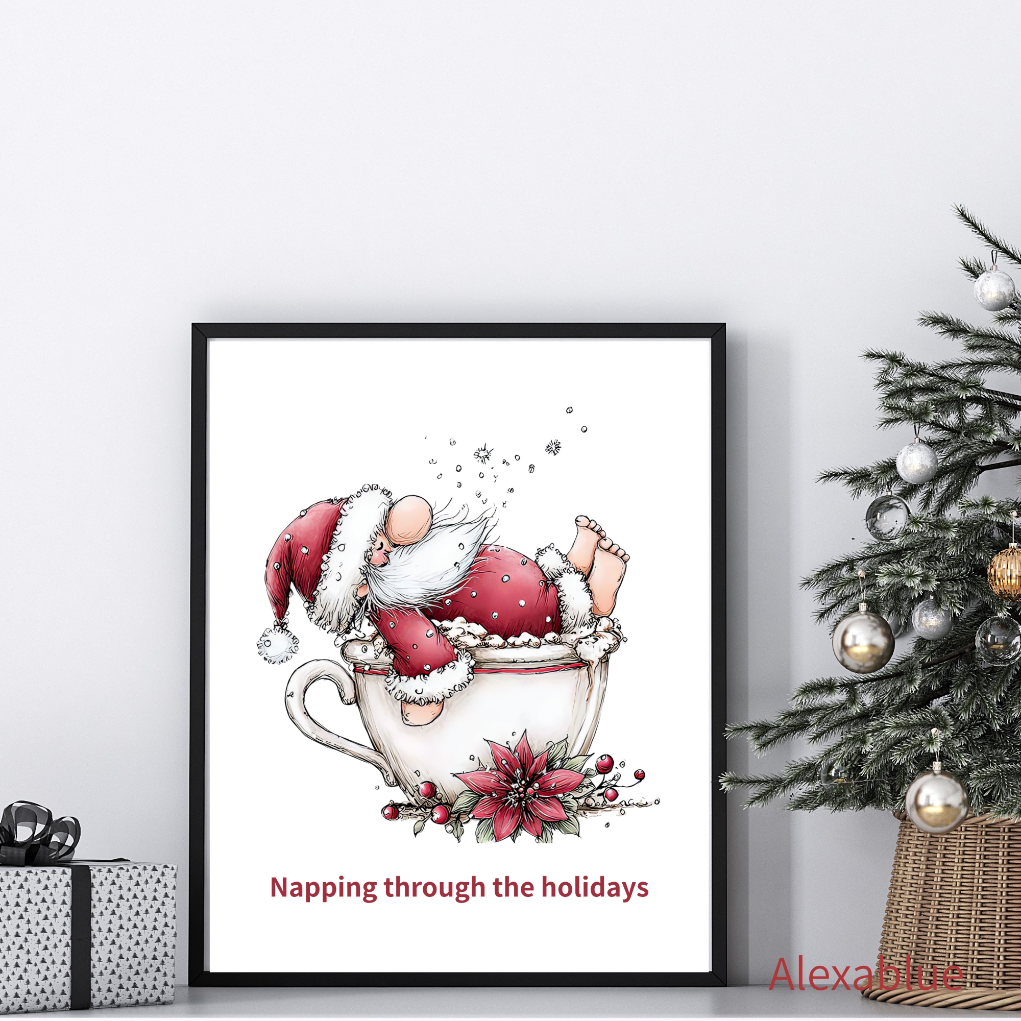 Napping Through the Holidays｜コーヒーカップでお昼寝サンタ イラストポスター