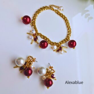 ガーネット × 淡水パール クリスマスジュエリーセット｜レッドパールのブレスレット＆大ぶりピアス〈大人華やかパーティアクセ〉