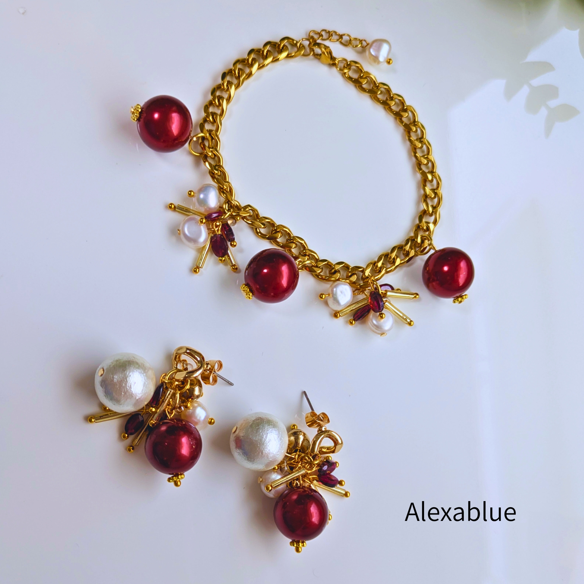 ガーネット × 淡水パール クリスマスジュエリーセット｜レッドパールのブレスレット＆大ぶりピアス〈大人華やかパーティアクセ〉