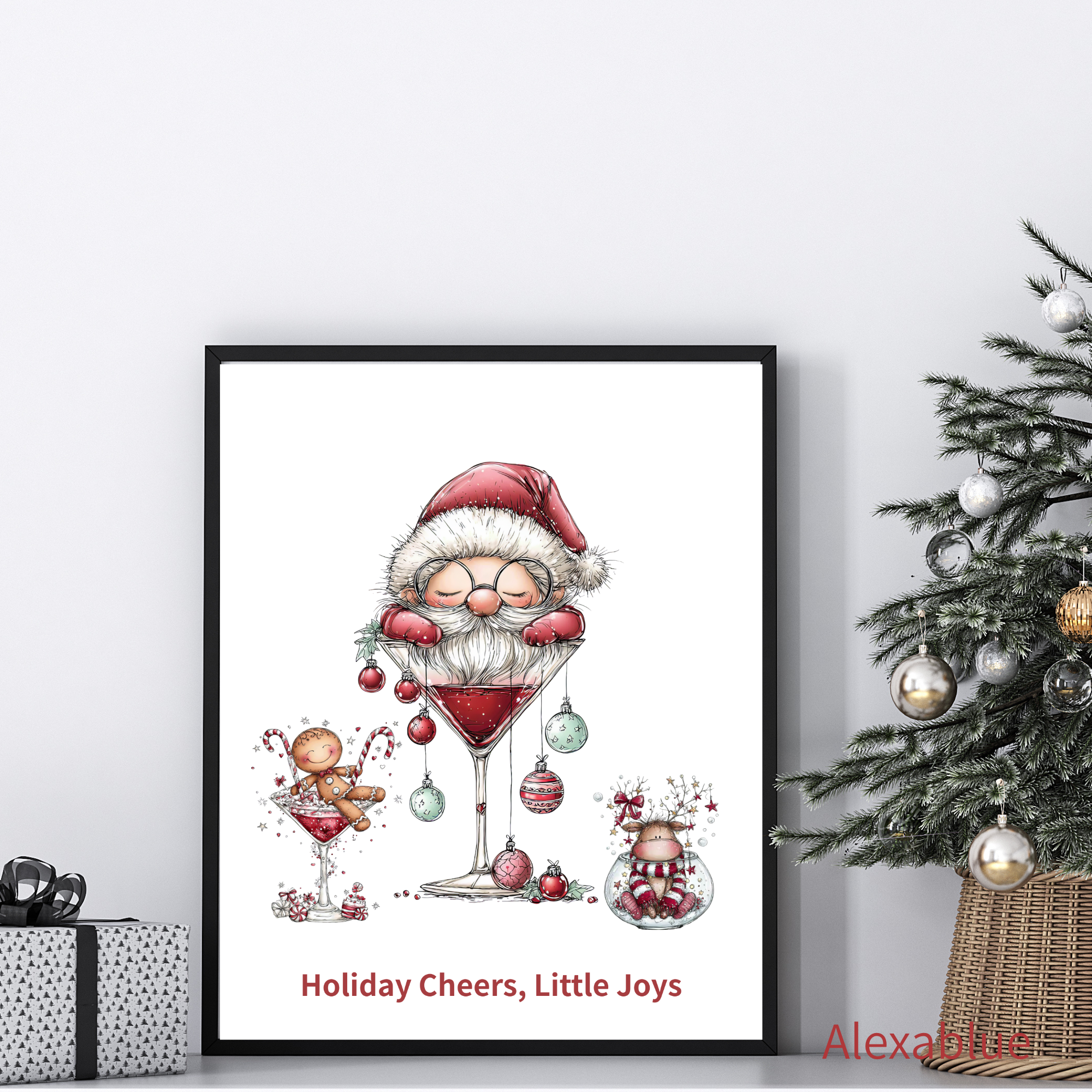 Holiday Cheers, Little Joys｜ホリデーの小さな幸せ インテリアポスター 〜ワインサンタ＆ジンジャーブレッドのホリデーパーティアート〜