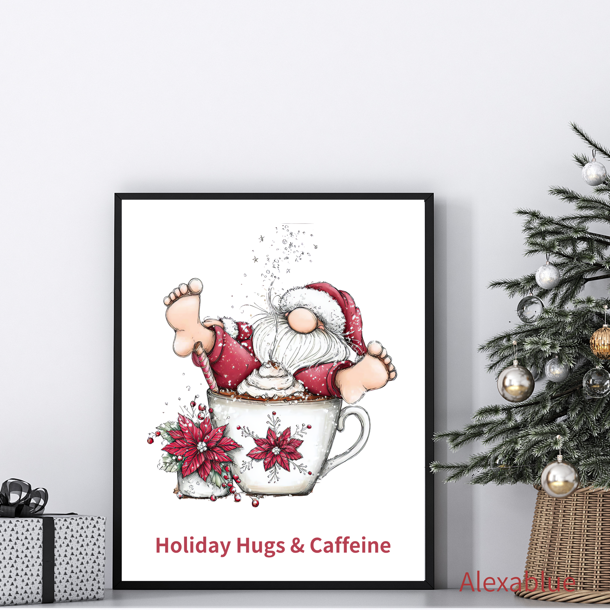 Holiday Hugs & Caffeine｜スリーピーサンタのコーヒーブレイク インテリアポスター 〜ホリデーインテリア・カフェ風アート・クリスマスギフトにも〜