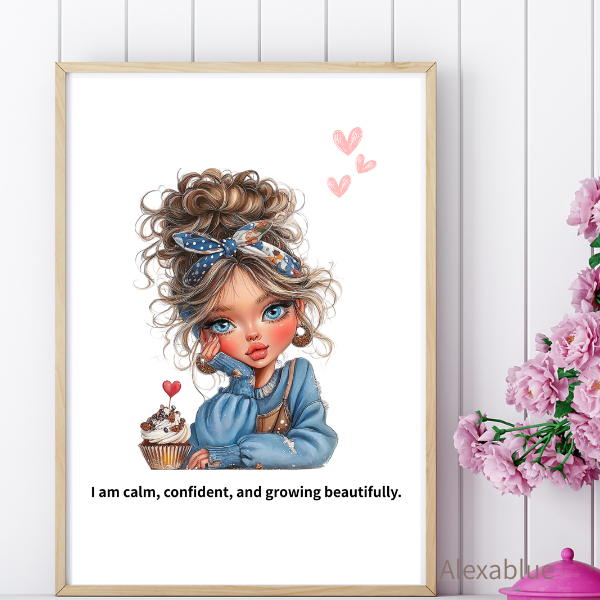 Calm & Confident|ガーリーアファメーションポスター|成長を励ます英字インテリアアート